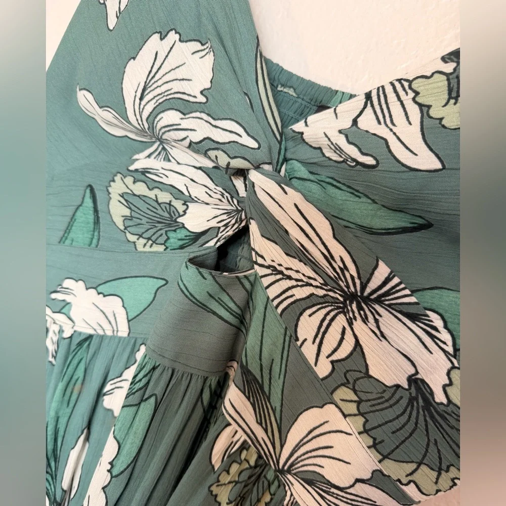Angie Green Floral Midi Dress Cut Out Center Tropical Print Womens Large - Picture 3 of 6